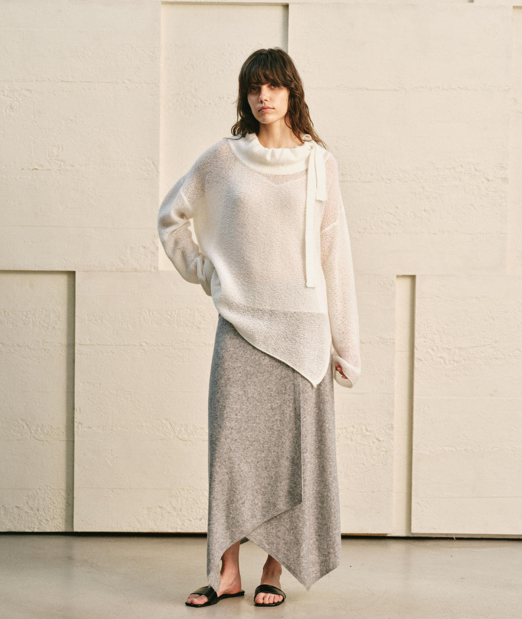 HEATHER GREY LOOP KNIT CASCADE DRAPE MAXI SKIRT