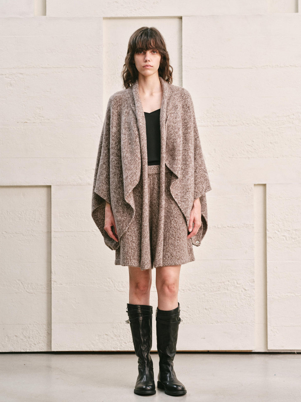 WOOL CASHMERE KNIT CARDIGAN CAPE WITH LONG WRAP TIES | HEATHER MOCHA