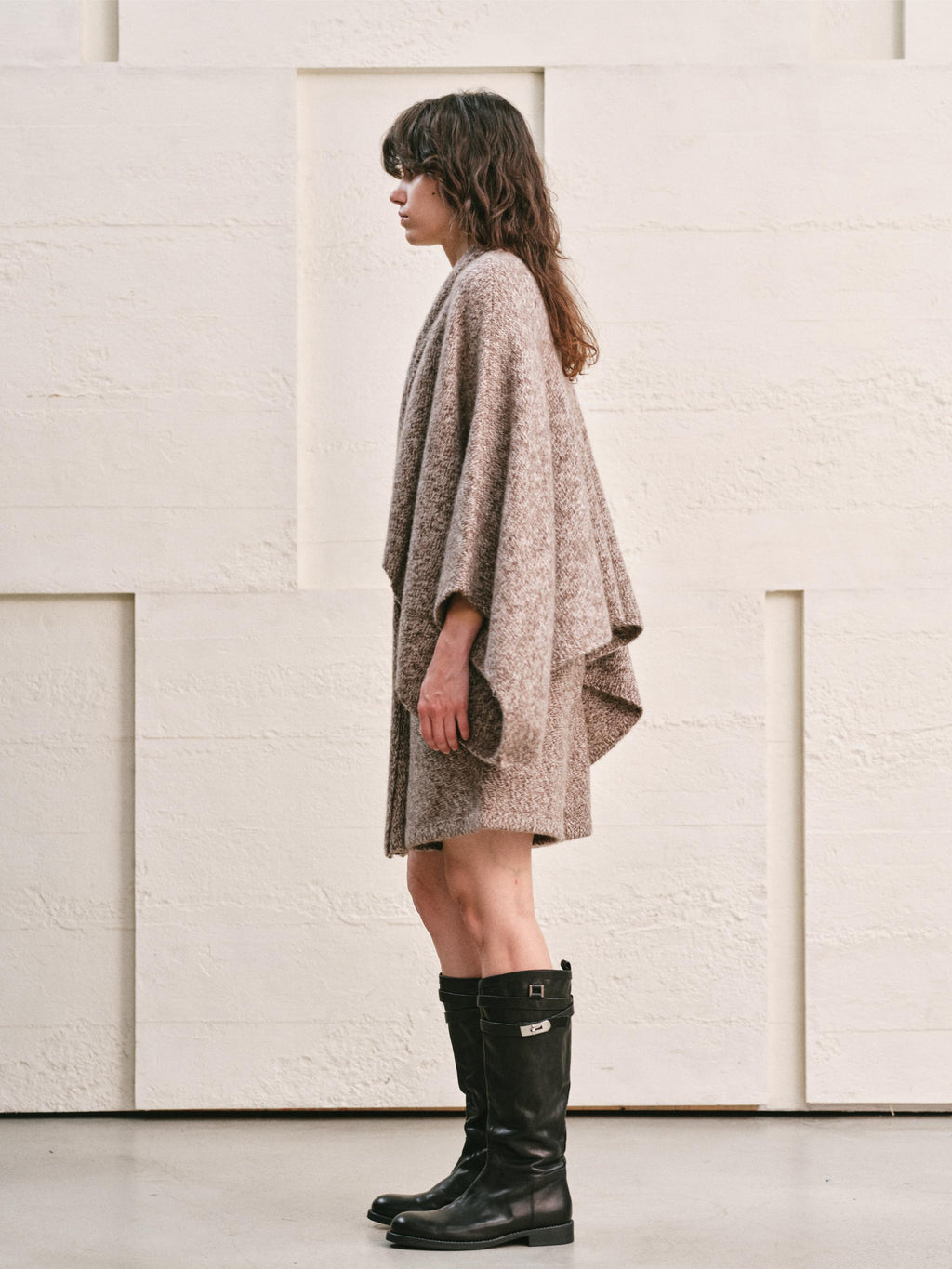 WOOL CASHMERE KNIT CARDIGAN CAPE WITH LONG WRAP TIES | HEATHER MOCHA