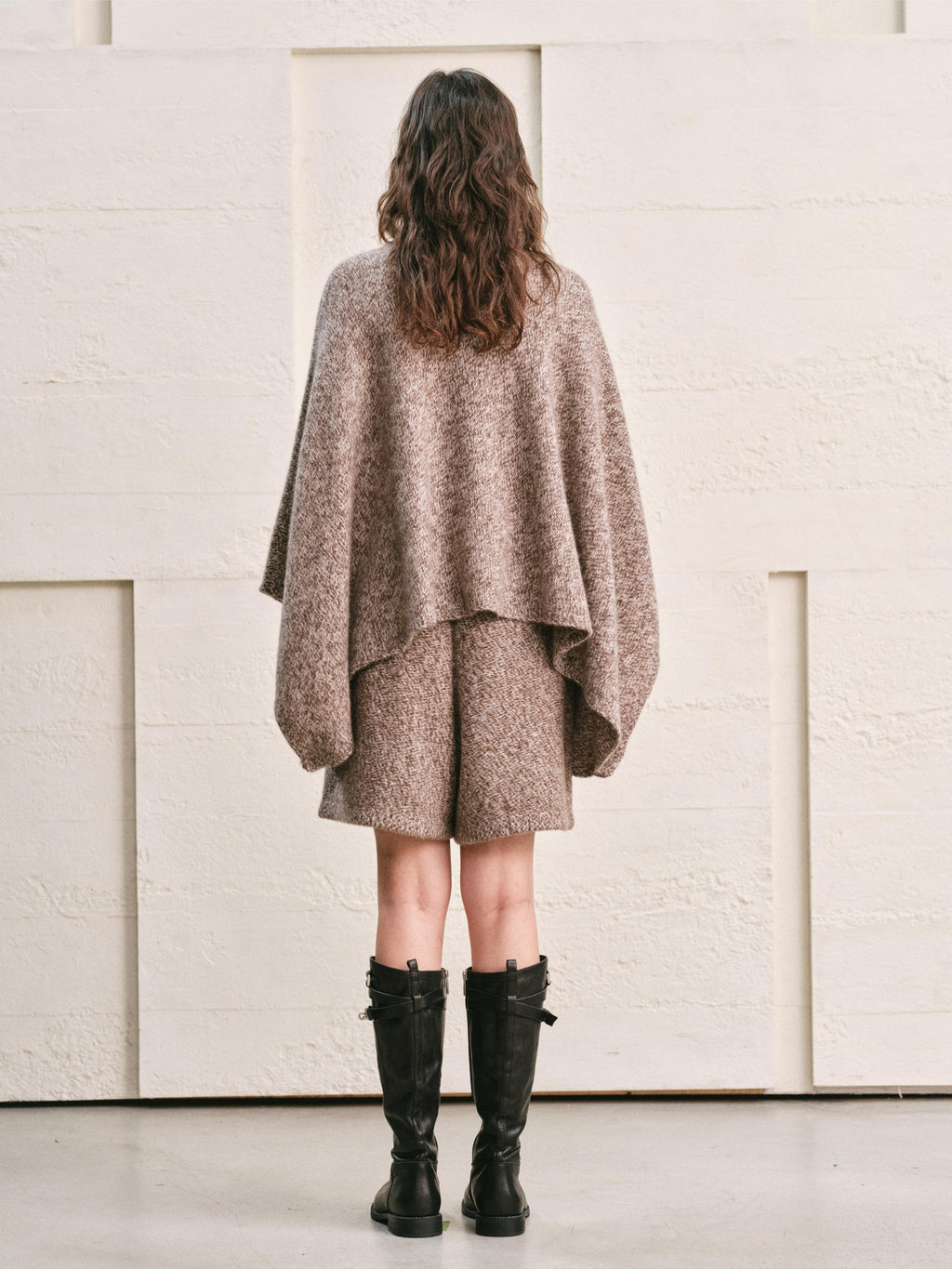 WOOL CASHMERE KNIT CARDIGAN CAPE WITH LONG WRAP TIES | HEATHER MOCHA