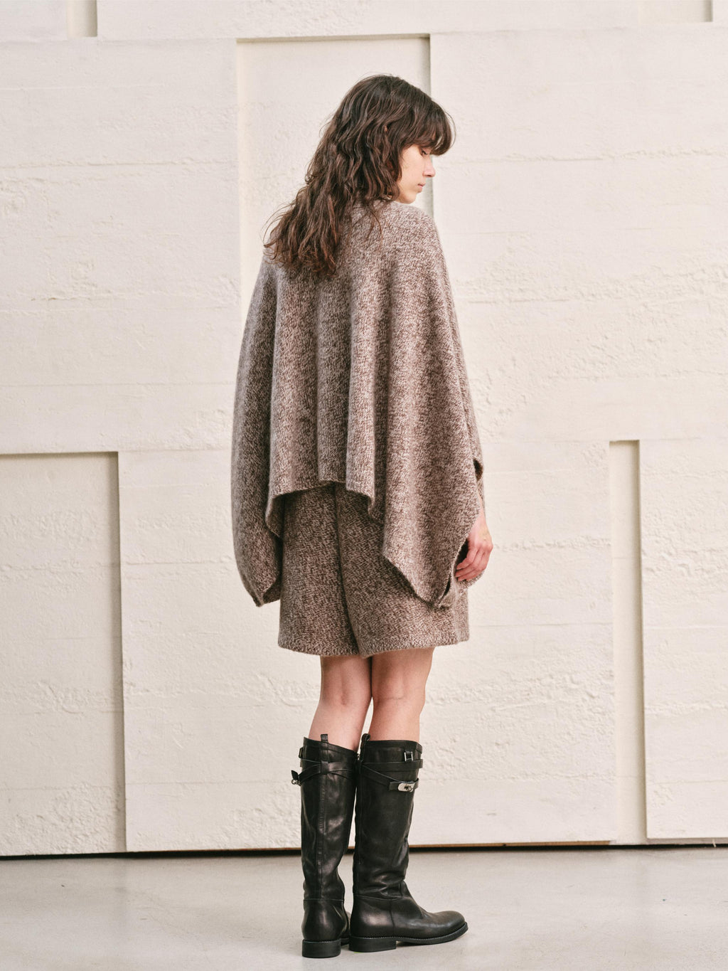 WOOL CASHMERE KNIT CARDIGAN CAPE WITH LONG WRAP TIES | HEATHER MOCHA