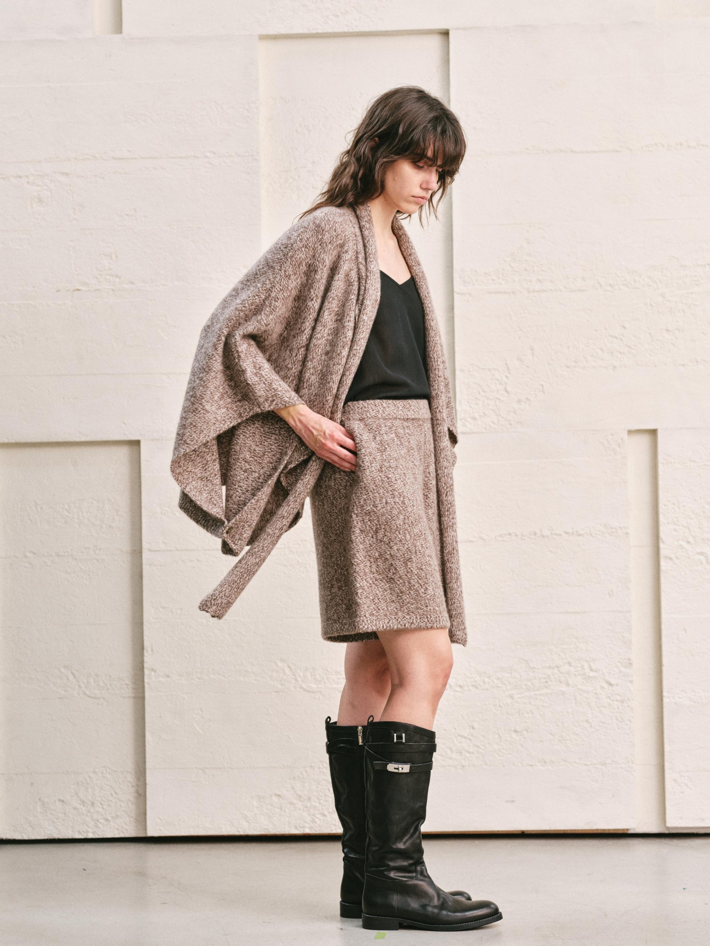 WOOL CASHMERE KNIT CARDIGAN CAPE WITH LONG WRAP TIES | HEATHER MOCHA