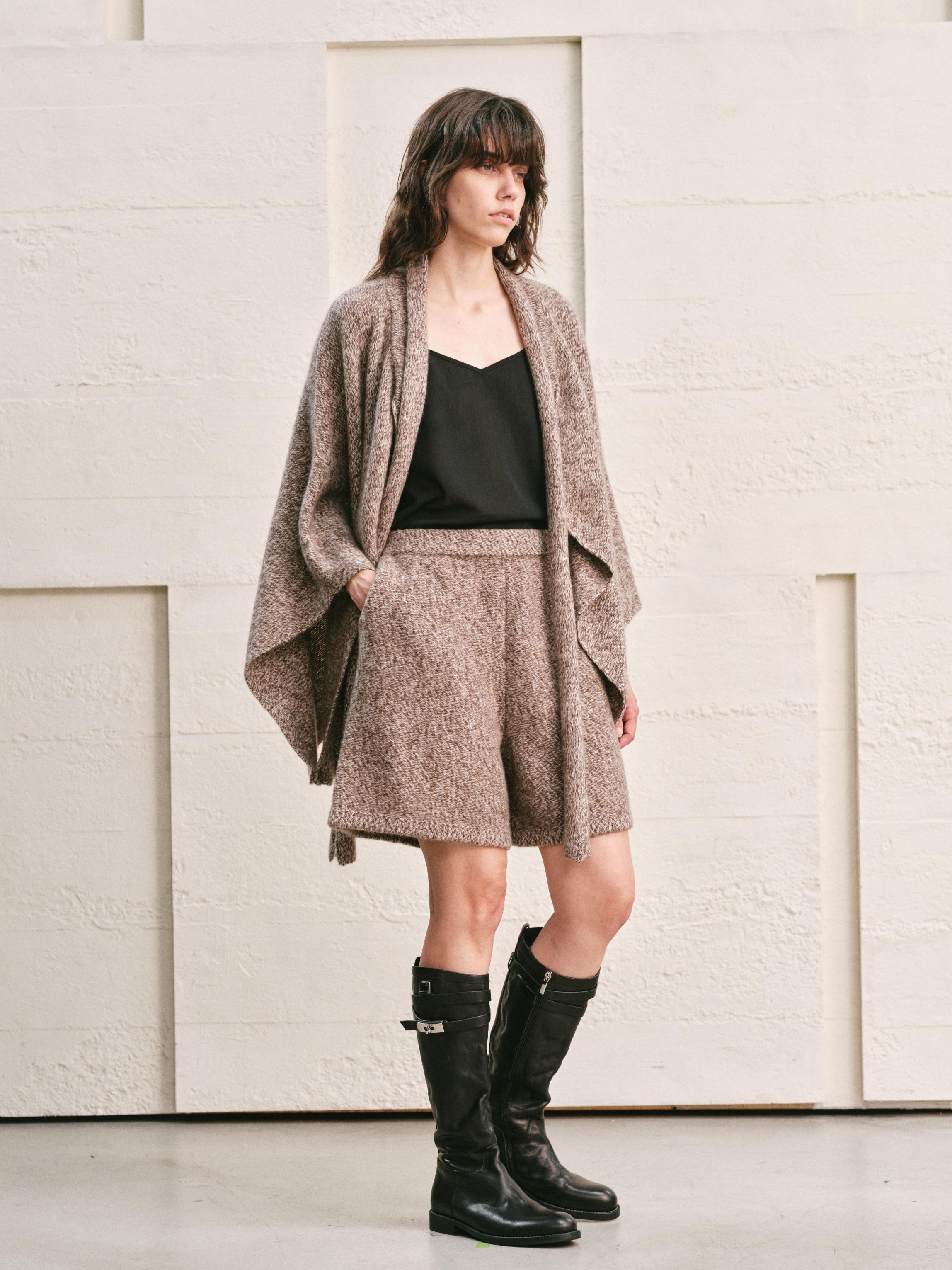 WOOL CASHMERE KNIT CARDIGAN CAPE WITH LONG WRAP TIES | HEATHER MOCHA