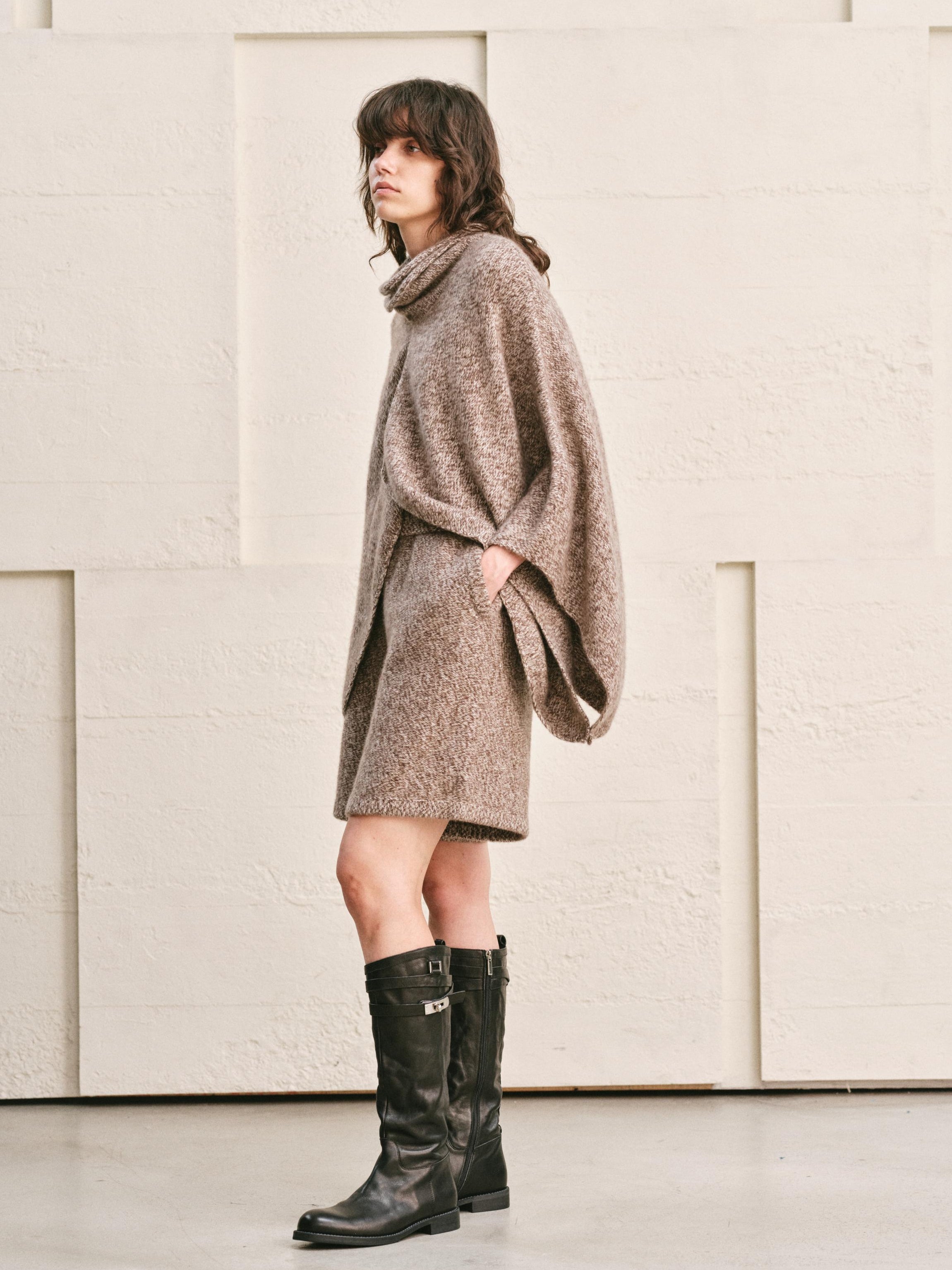 WOOL CASHMERE KNIT CARDIGAN CAPE WITH LONG WRAP TIES | HEATHER MOCHA