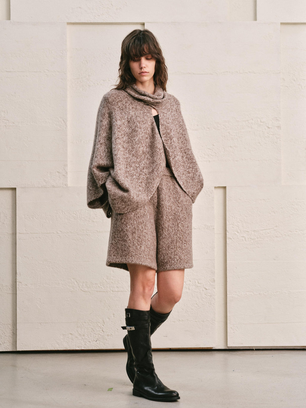 WOOL CASHMERE KNIT CARDIGAN CAPE WITH LONG WRAP TIES | HEATHER MOCHA