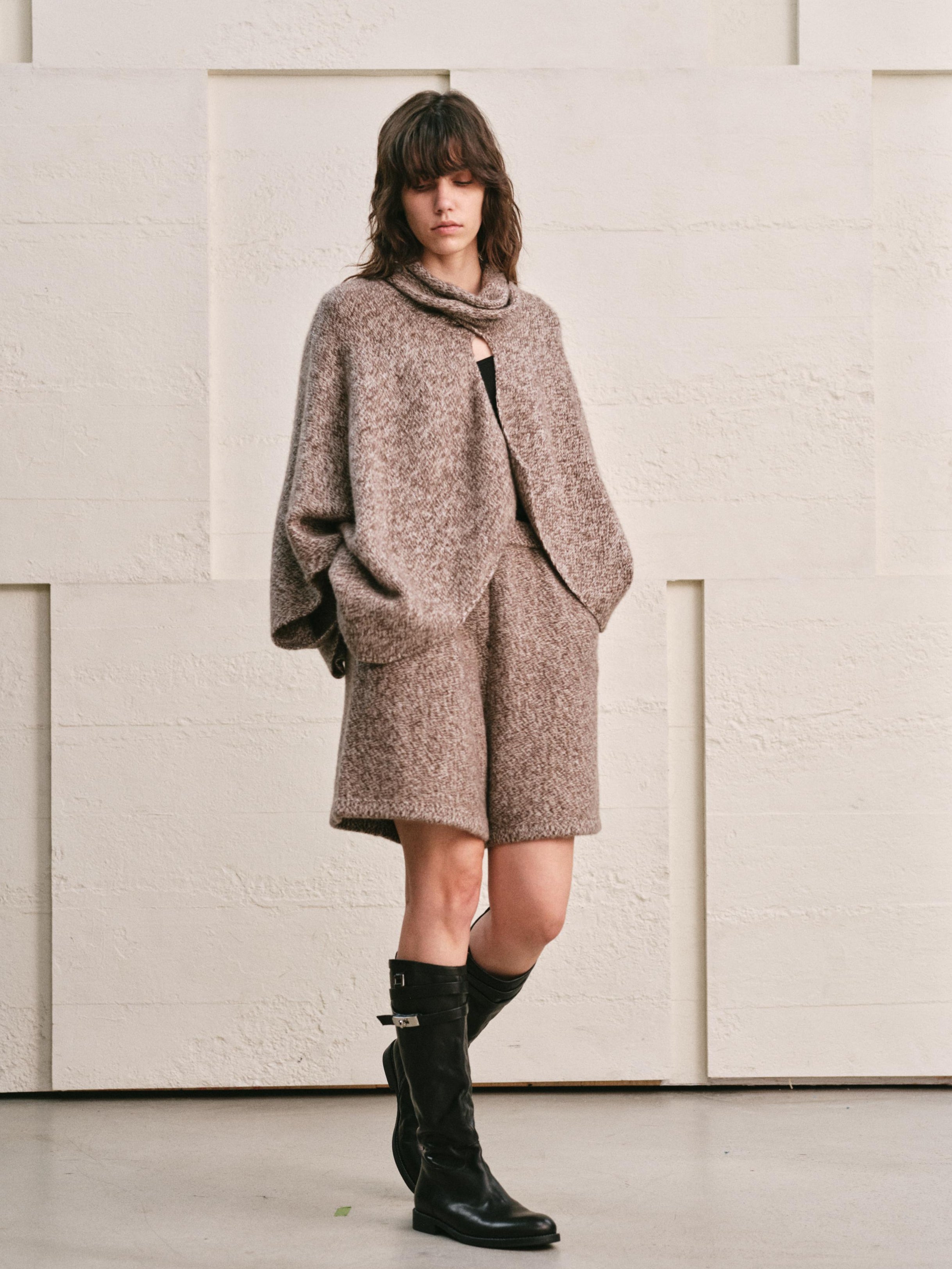 WOOL CASHMERE KNIT CARDIGAN CAPE WITH LONG WRAP TIES | HEATHER MOCHA