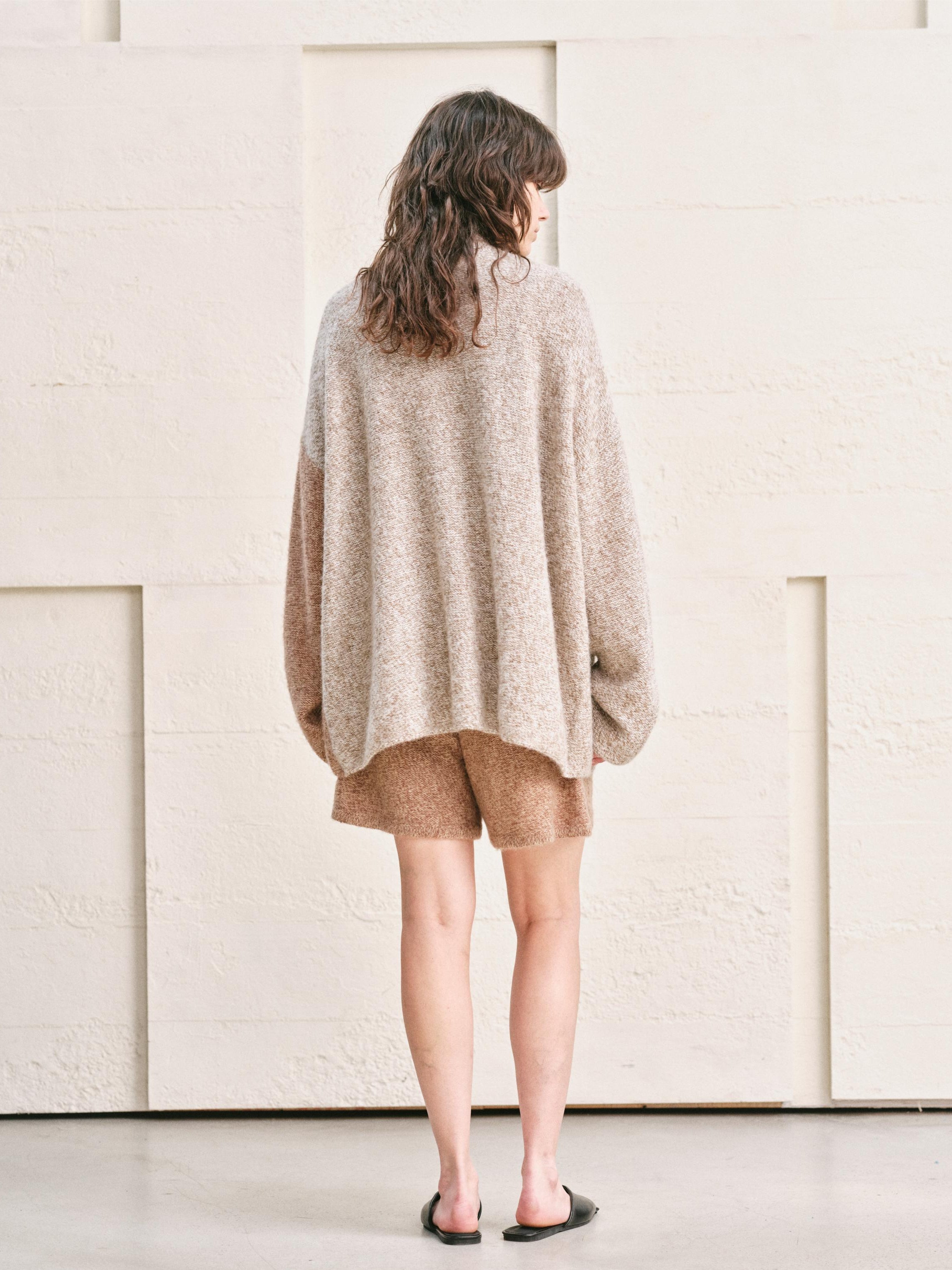 TWO TONE SPLIT COLOR MELANGE KNIT CARDIGAN