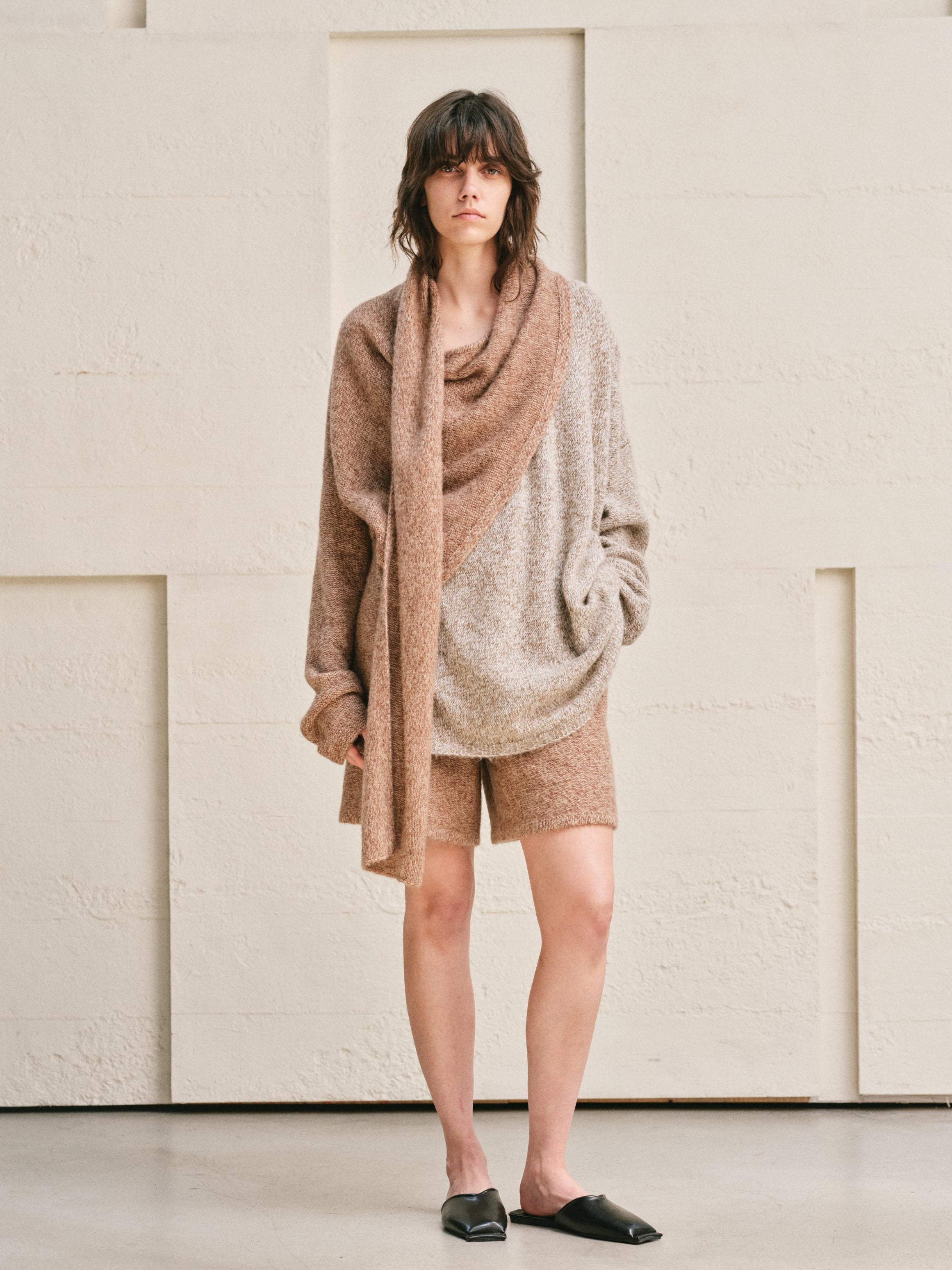 TWO TONE SPLIT COLOR MELANGE KNIT WRAP TOP