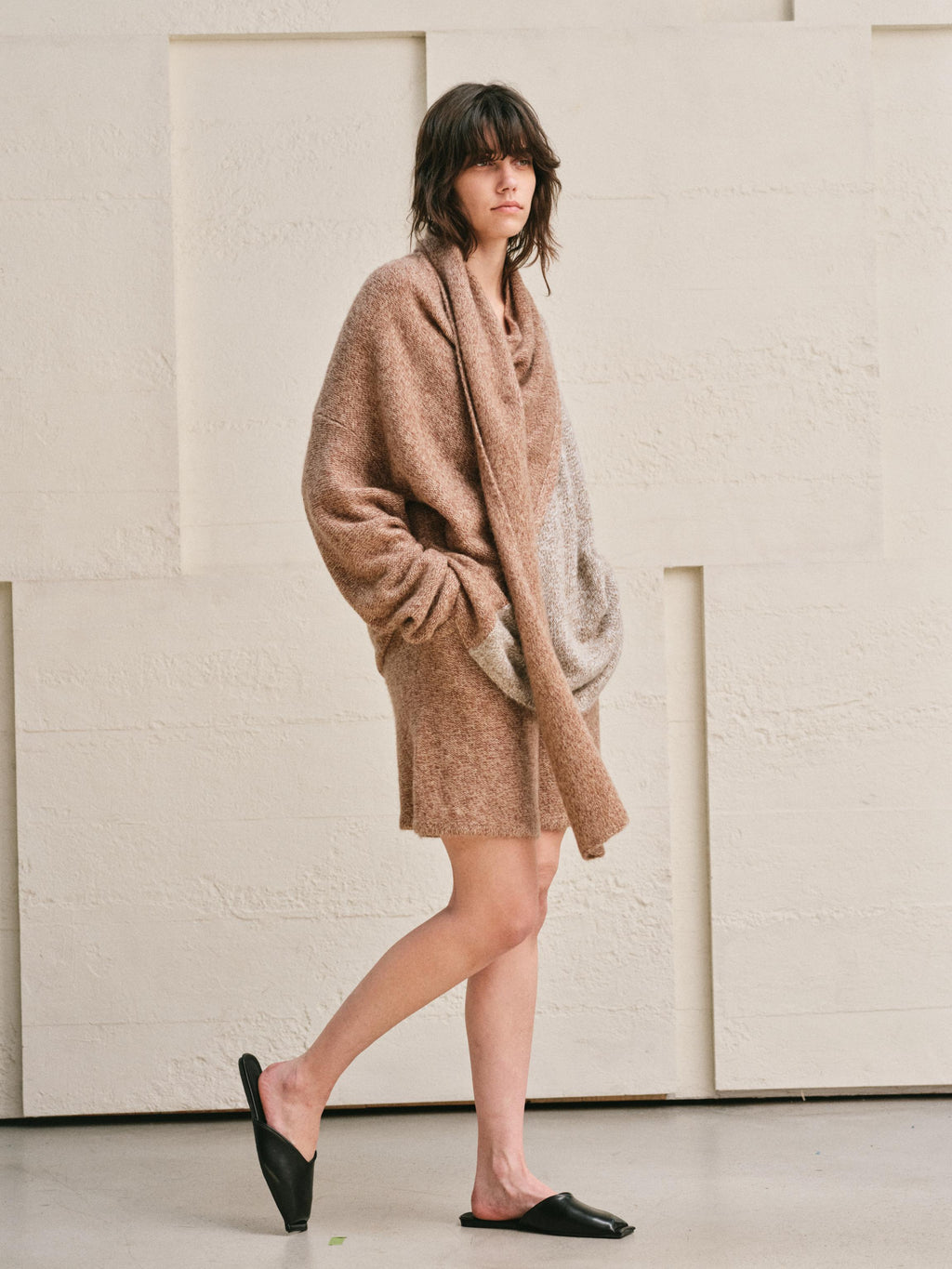 TWO TONE SPLIT COLOR MELANGE KNIT WRAP TOP