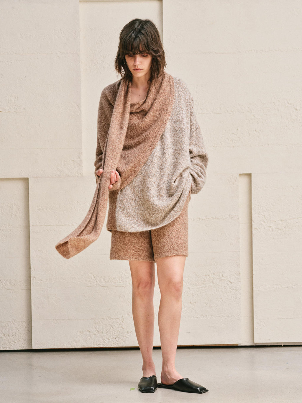 TWO TONE SPLIT COLOR MELANGE KNIT WRAP TOP