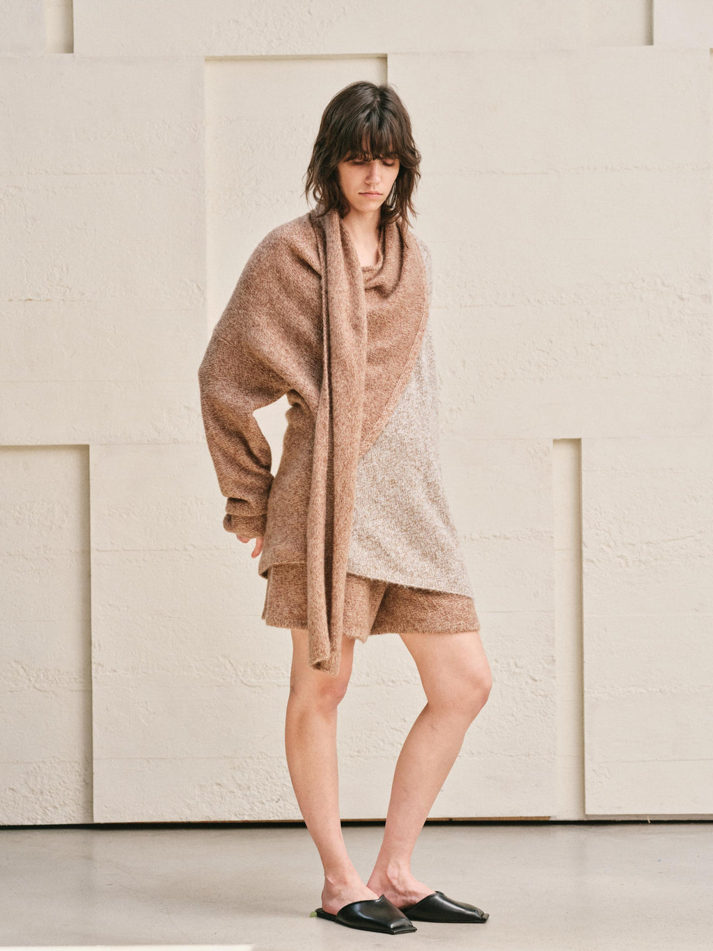 TWO TONE SPLIT COLOR MELANGE KNIT WRAP TOP