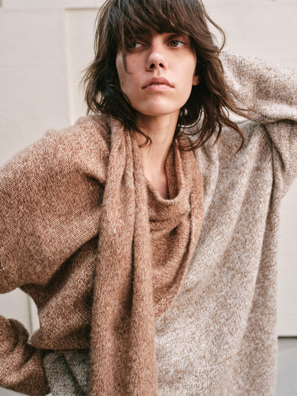 TWO TONE SPLIT COLOR MELANGE KNIT WRAP TOP