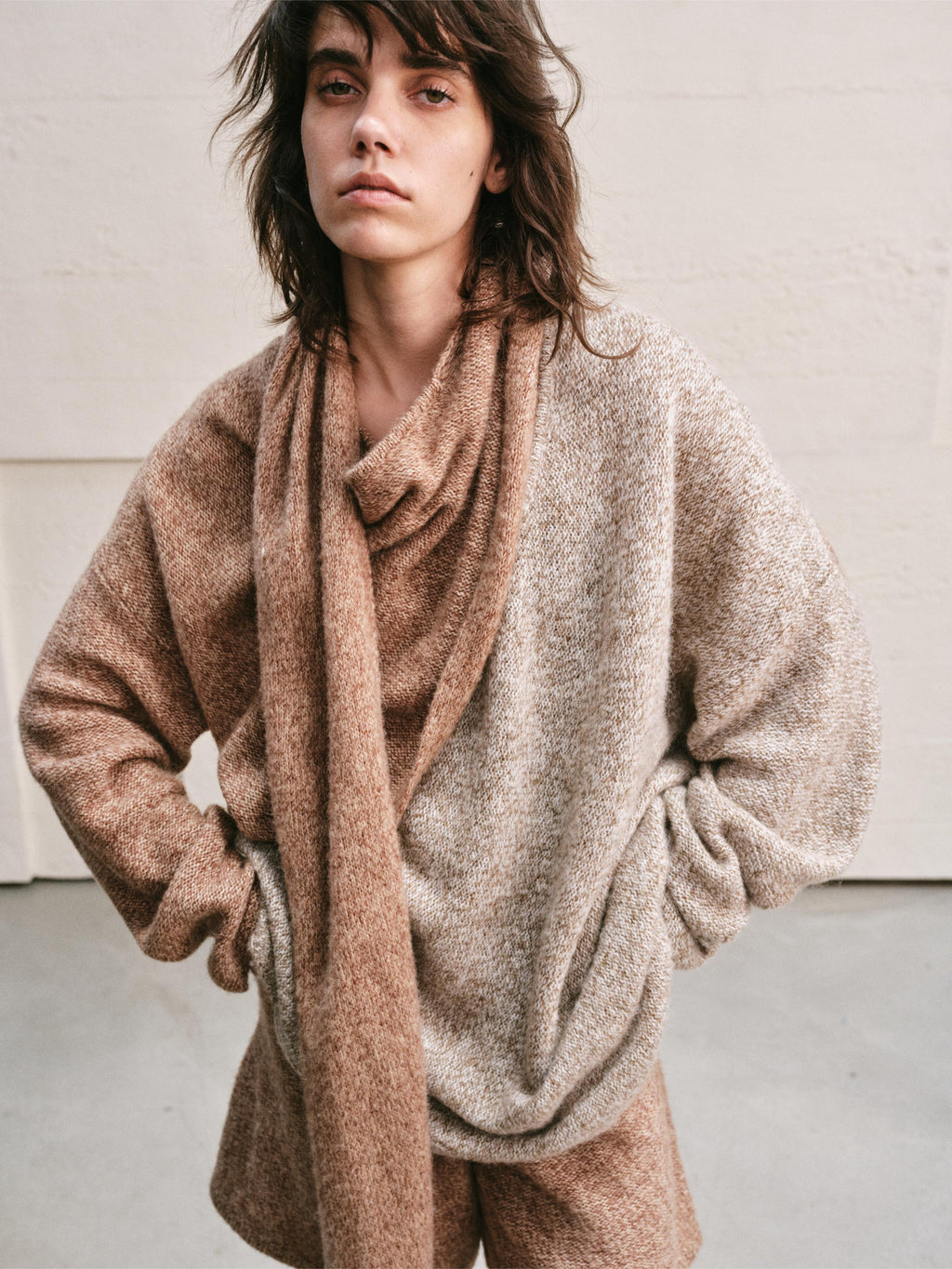 TWO TONE SPLIT COLOR MELANGE KNIT WRAP TOP