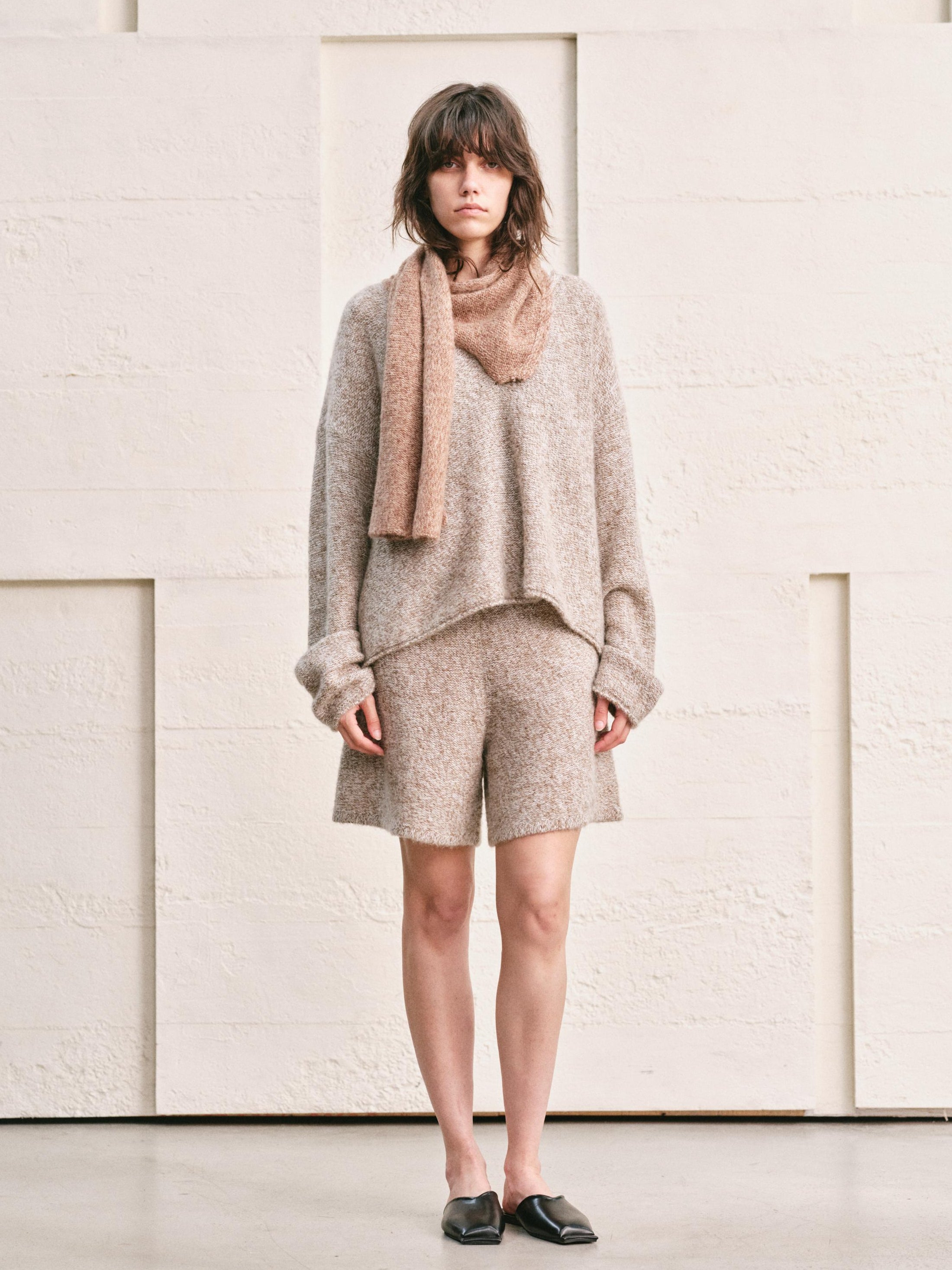 OATMEAL-MOCHA MELANGE KNIT SHORTS