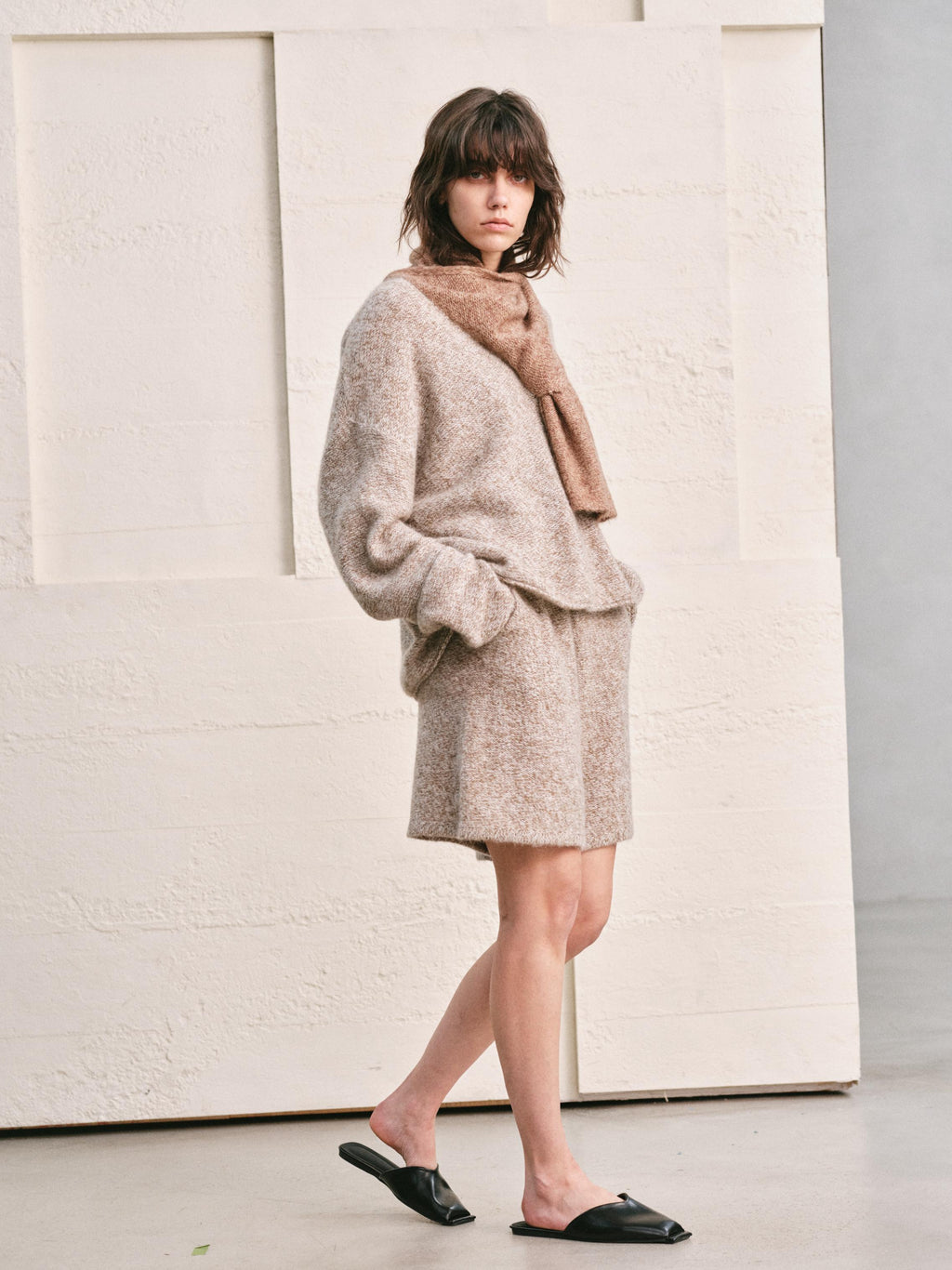 OATMEAL-MOCHA MELANGE KNIT SHORTS