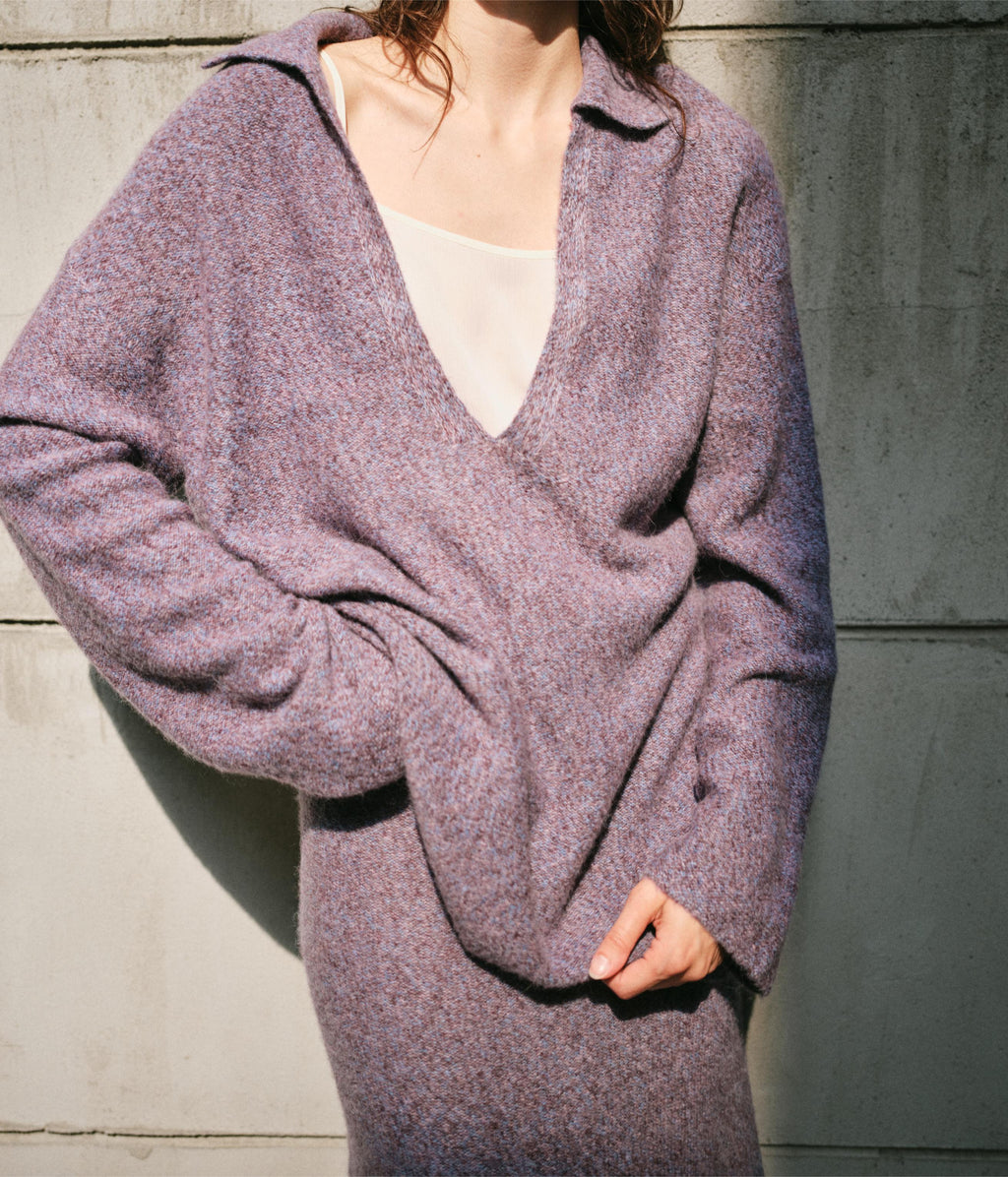 SMOKY AMETHYST KNIT TWO PIECE SET - V NECK POLO TOP