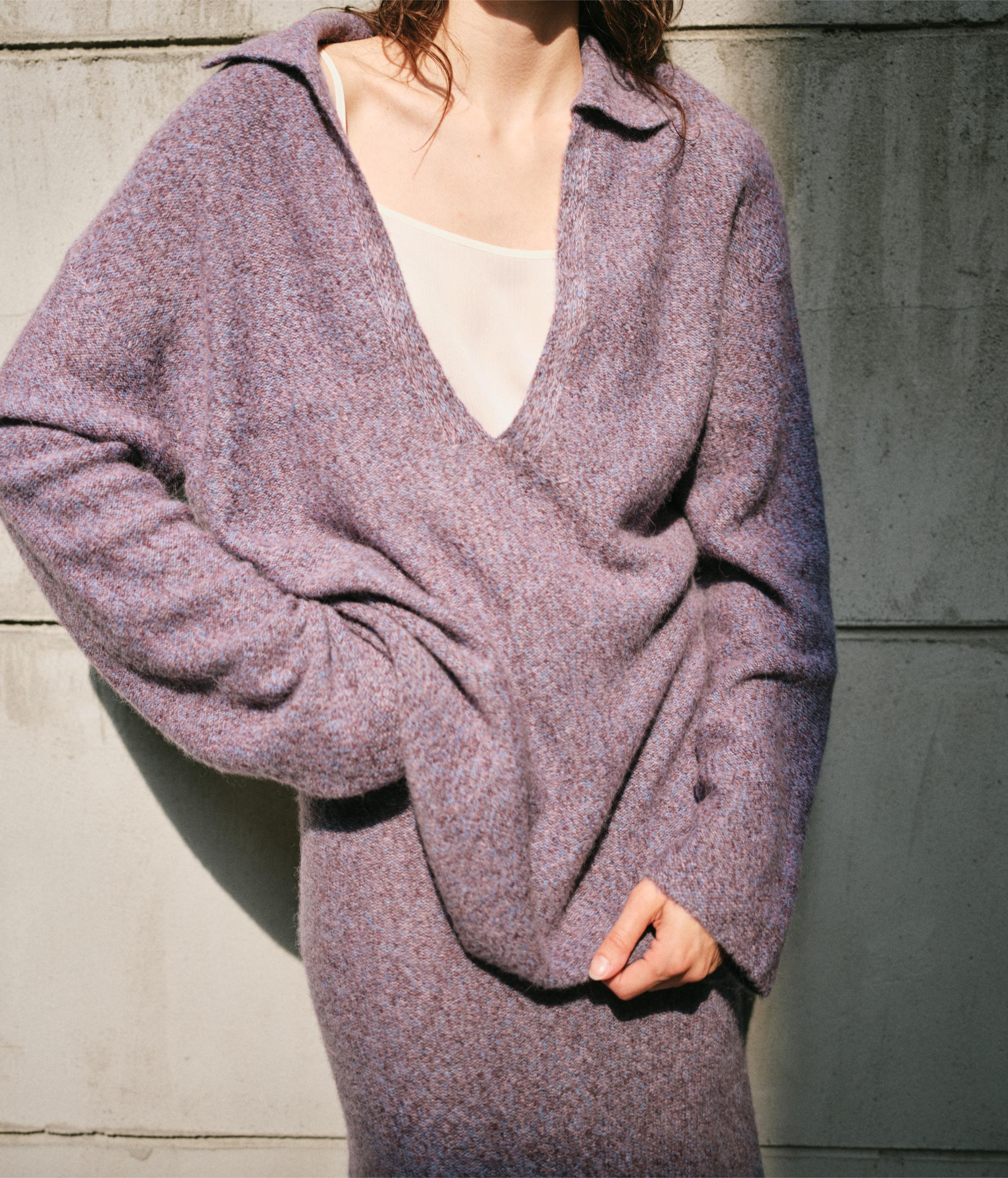 SMOKY AMETHYST KNIT TWO PIECE SET - V NECK POLO TOP