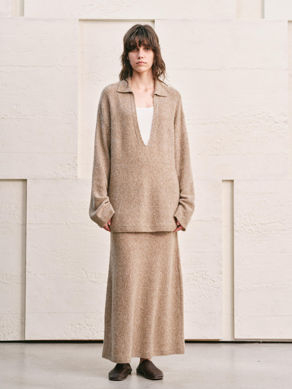 ALMOND HEATHER  KNIT TWO PIECE SET - MAXI SKIRT