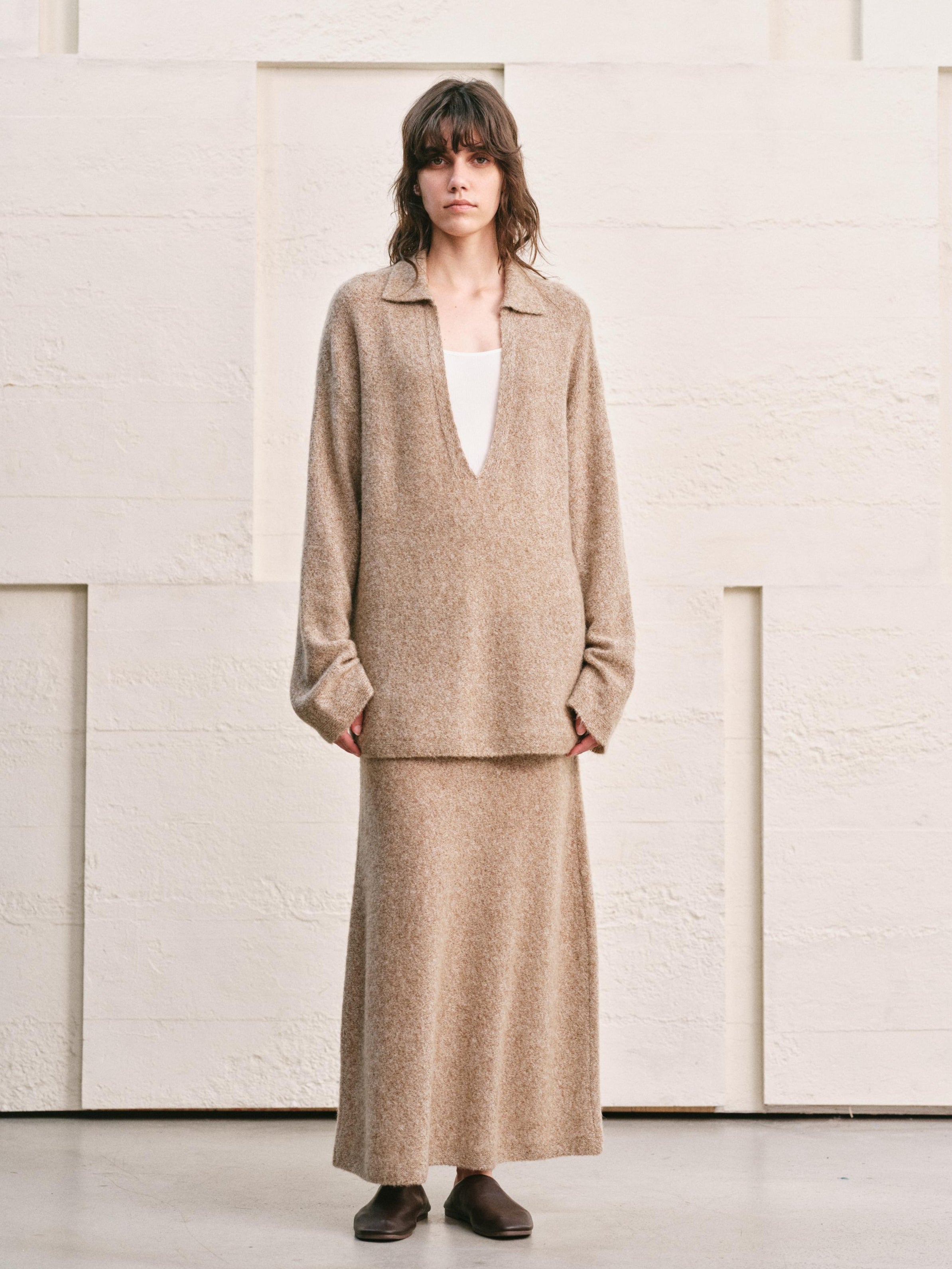 ALMOND HEATHER  KNIT TWO PIECE SET - MAXI SKIRT