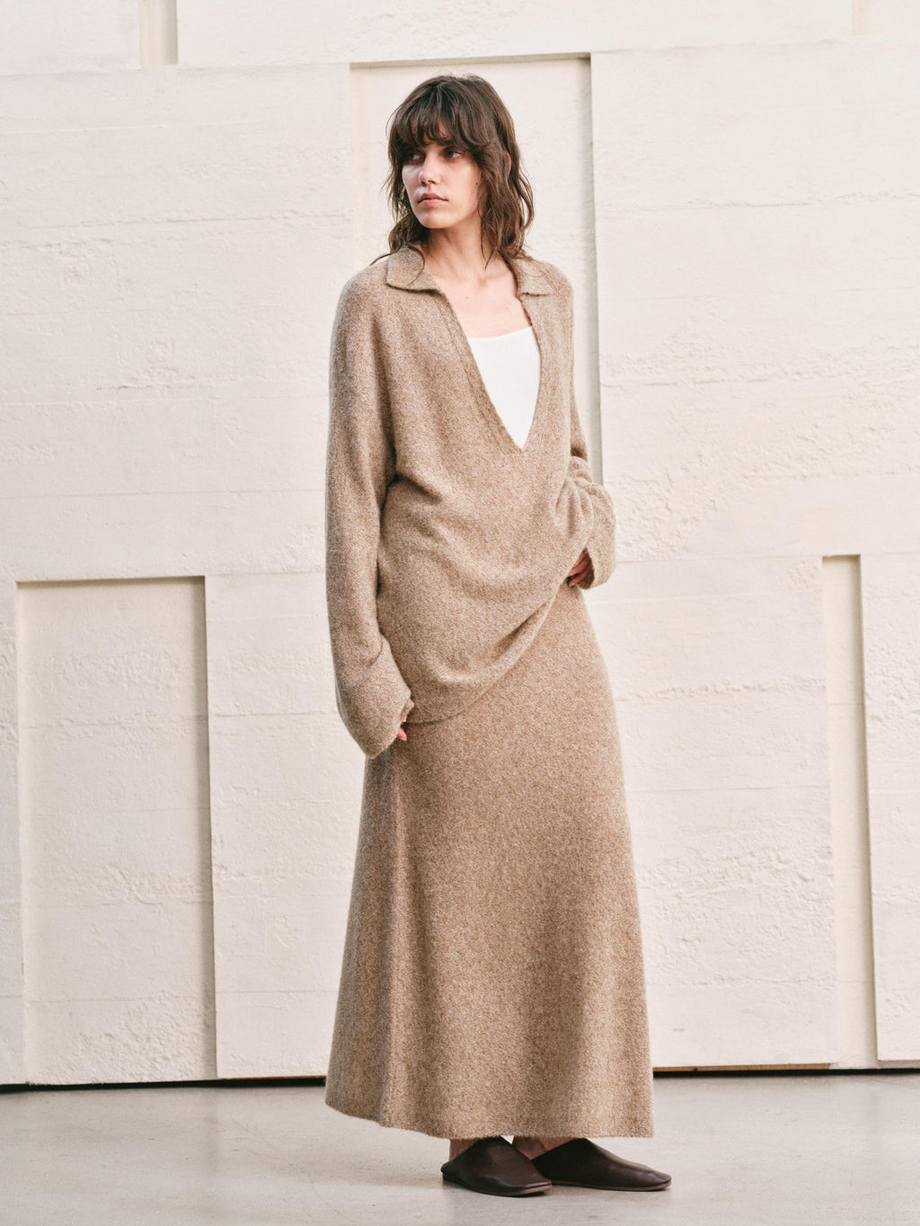 ALMOND HEATHER  KNIT TWO PIECE SET - MAXI SKIRT