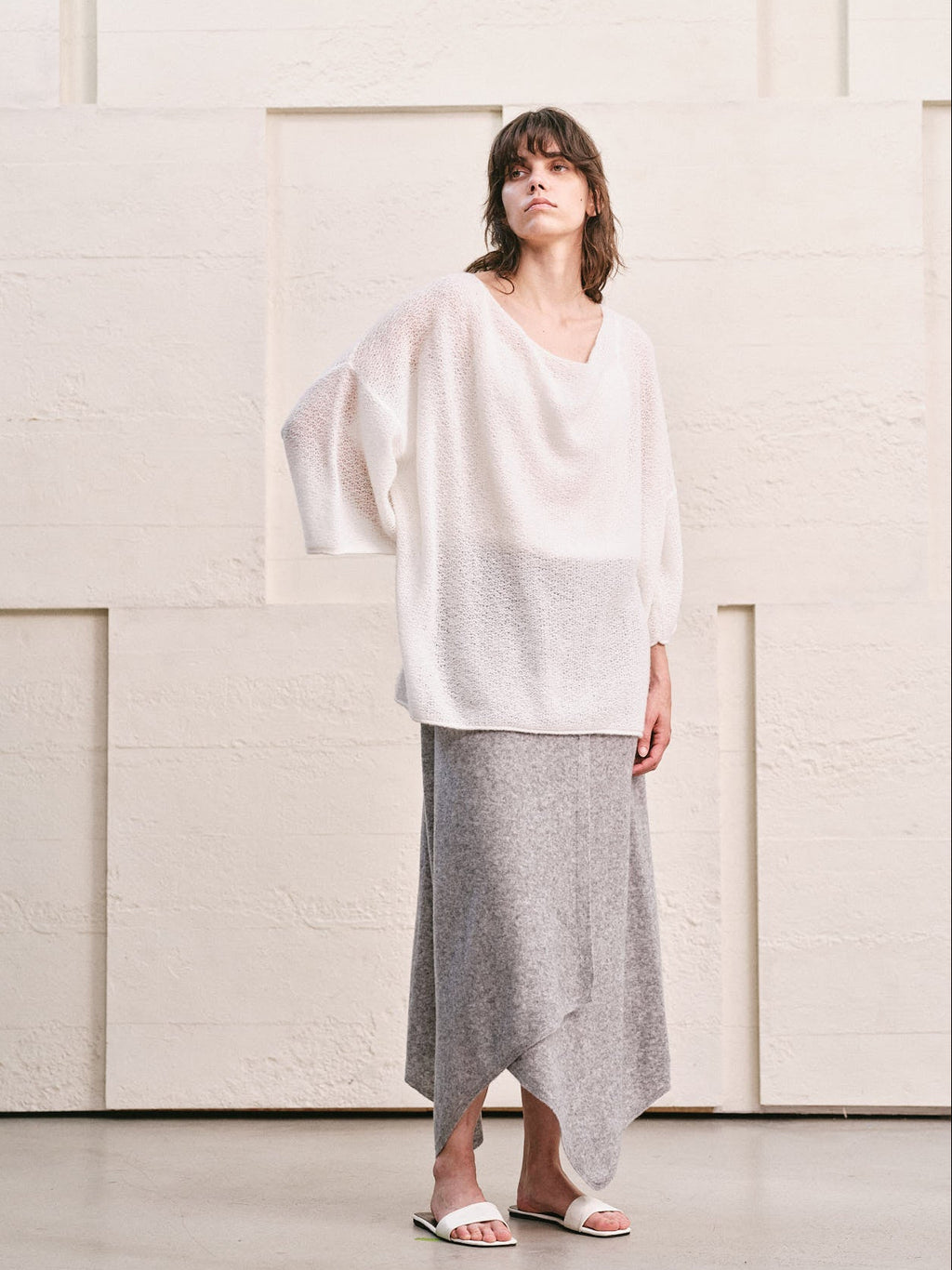 HEATHER GREY LOOP KNIT CASCADE DRAPE MAXI SKIRT