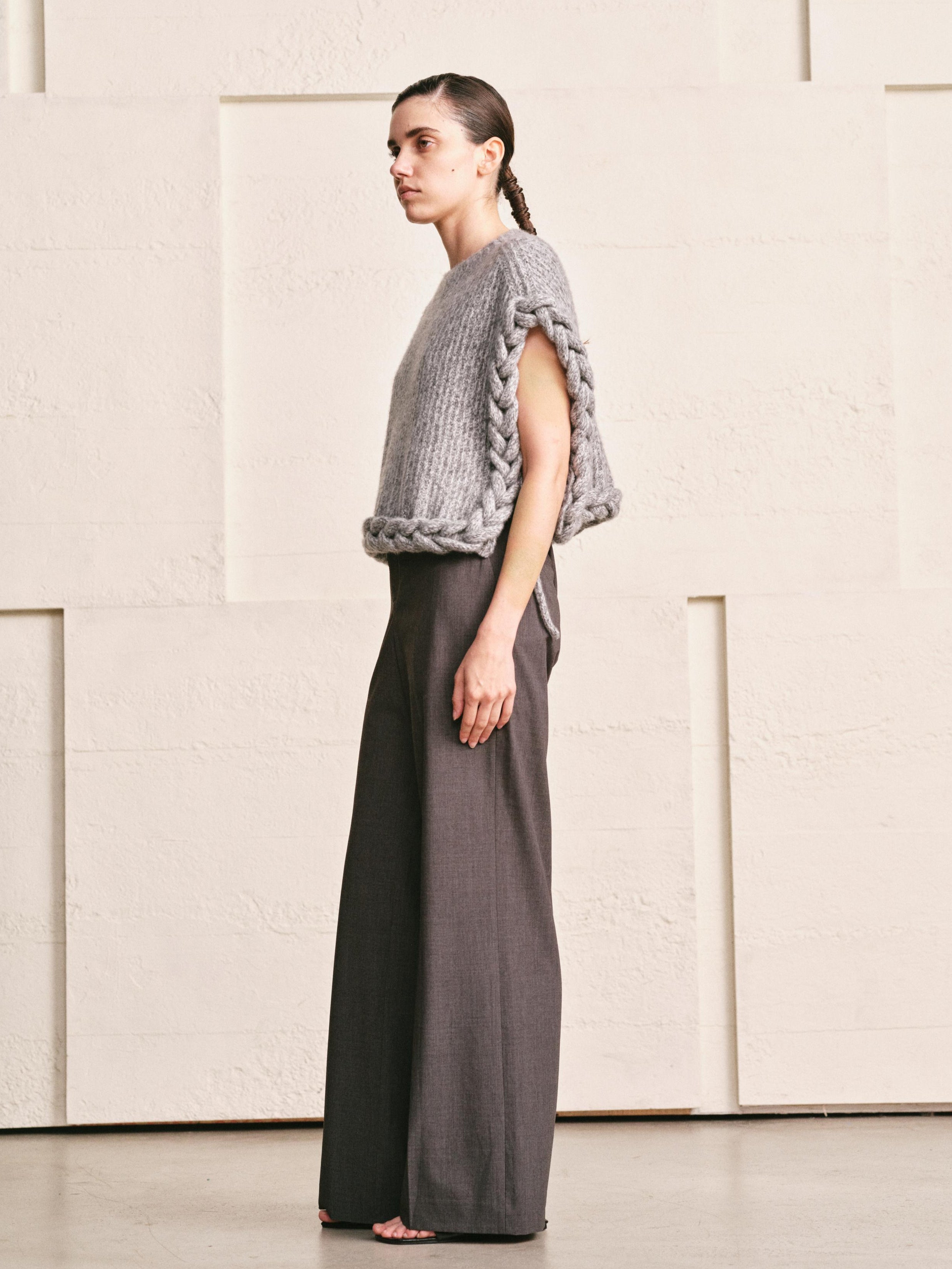 WOOL CASHMERE KNIT RIM CAPE VEST| HEATHER GREY