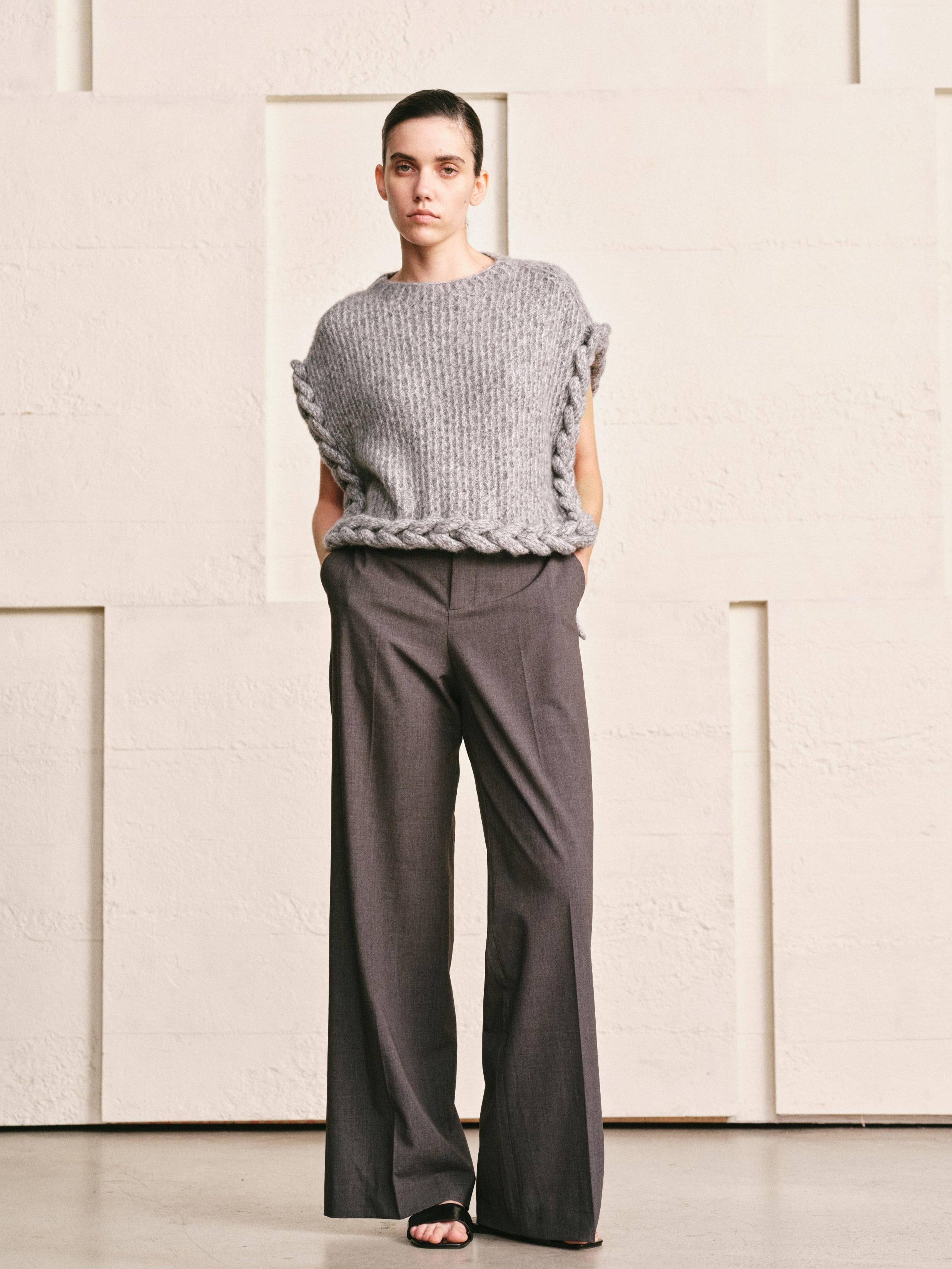 WOOL CASHMERE KNIT RIM CAPE VEST| HEATHER GREY