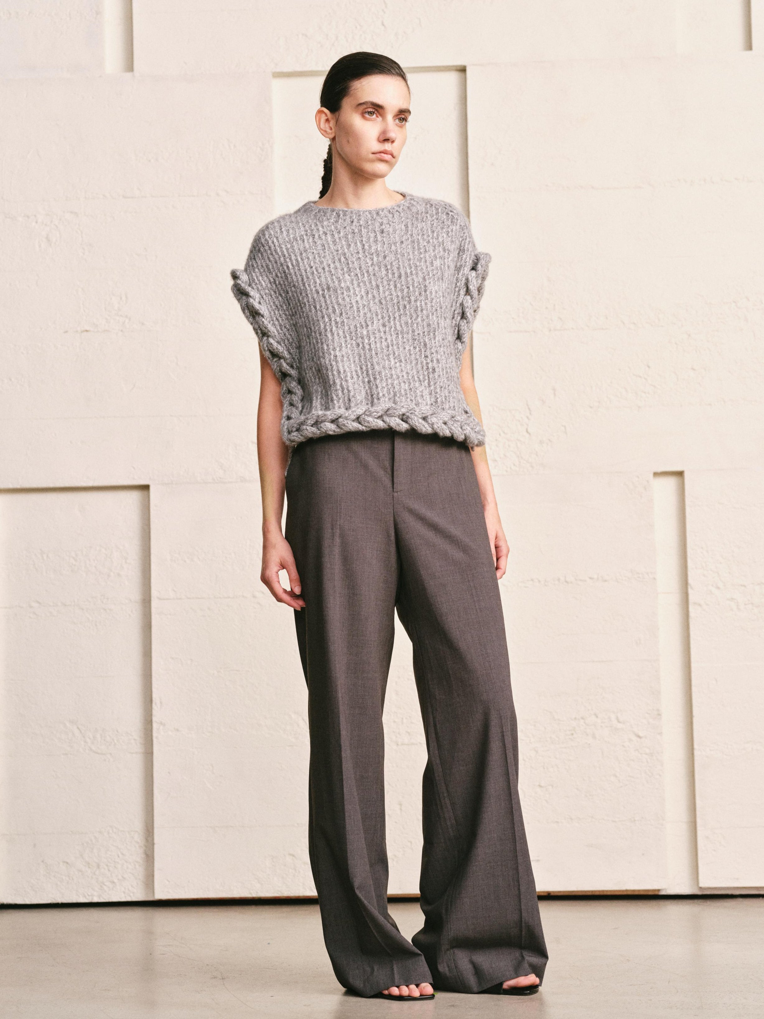 WOOL CASHMERE KNIT RIM CAPE VEST| HEATHER GREY